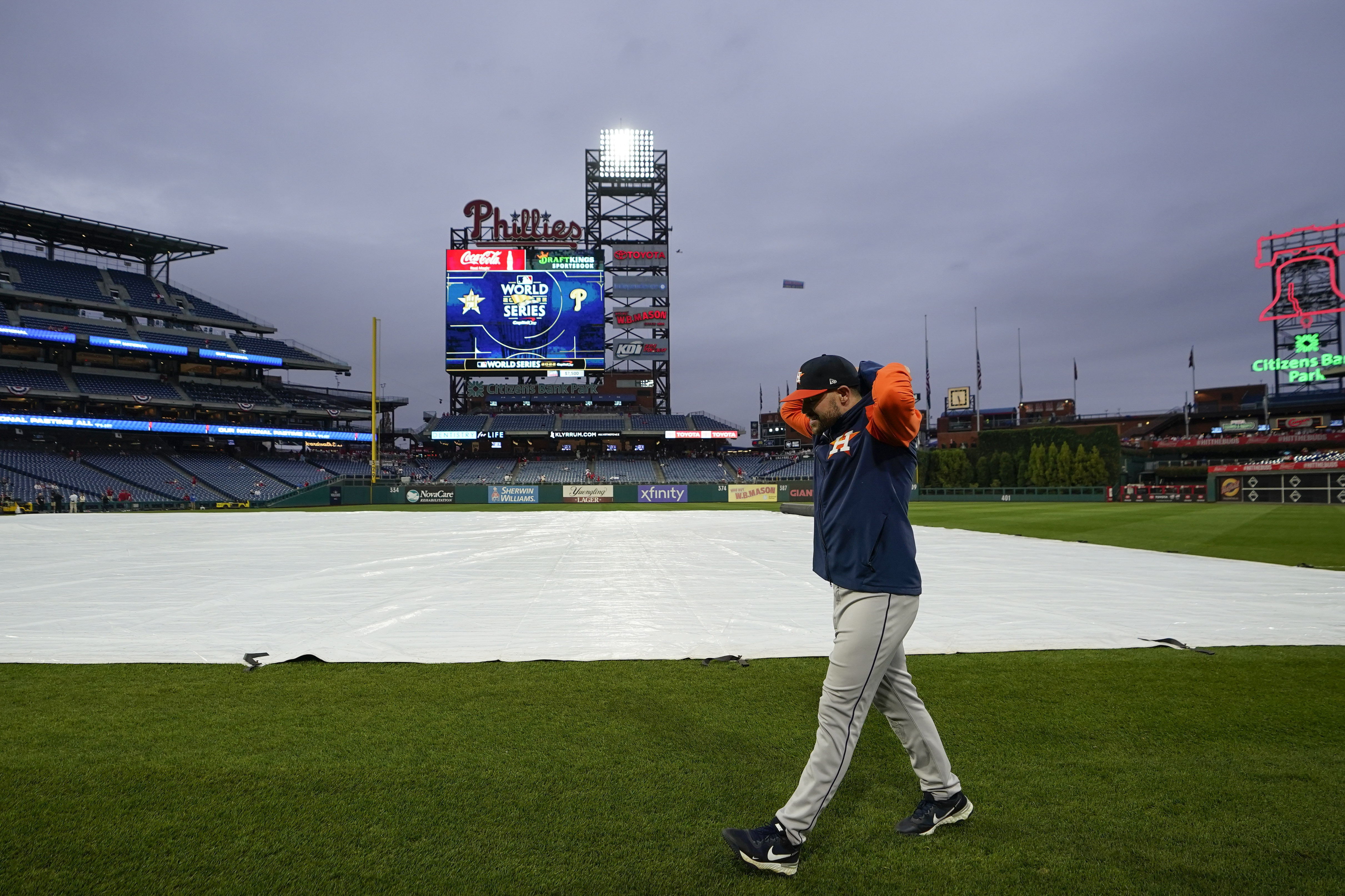 Houston Astros left fielder Chas McCormick walks in the field before Game 3 of baseball's World Series between the Houston Astros and the Philadelphia Phillies on Monday, Oct. 31, 2022, in Philadelphia. The game was postponed by rain Monday night with the matchup tied 1-1.